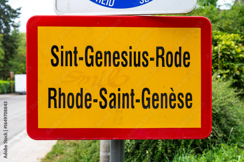 Fototapeta premium Road sign of the village of Sint Genesius Rode, Flemish Brabant, Belgium