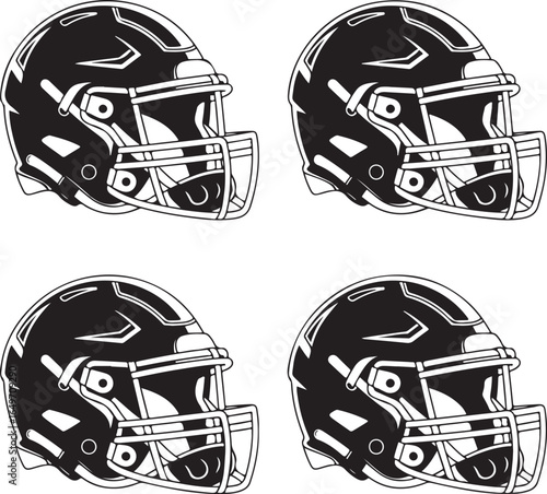Four black and white American football helmets arranged in a two by two grid Keywords: American