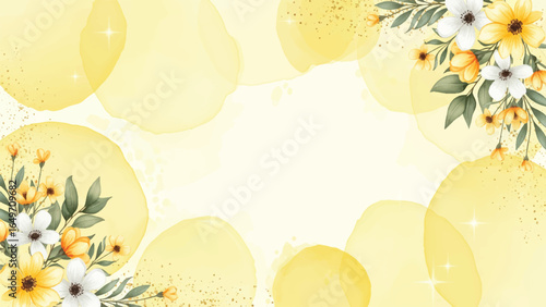 watercolor floral background template for cards, elegant yellow floral frame for wedding, soft watercolor invitation with white and yellow flowers