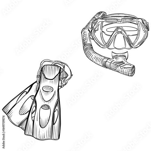 Hand-drawn vector illustration of snorkeling gear with mask, snorkel, and fins