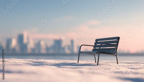 Empty park bench in snow, city skyline (2)