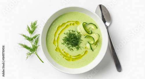 A refreshing bowl of creamy green cucumber soup garnished with fresh dill and olive oil, served with cucumber slices and a sprig of dill.