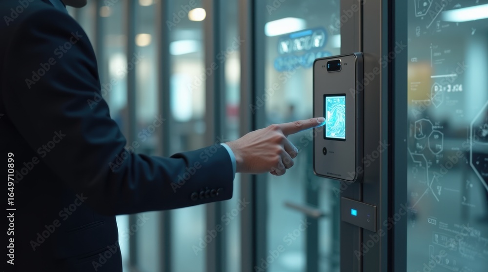Fototapeta premium A professional man presses his finger on a sleek biometric scanner at a glass entry gate in a modern office lobby, subtle HUD cues, security access concept 