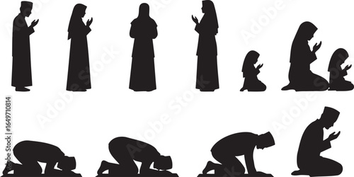 Muslims Praying Silhouette Set. Eid Prayer Gathering Vector Icons.