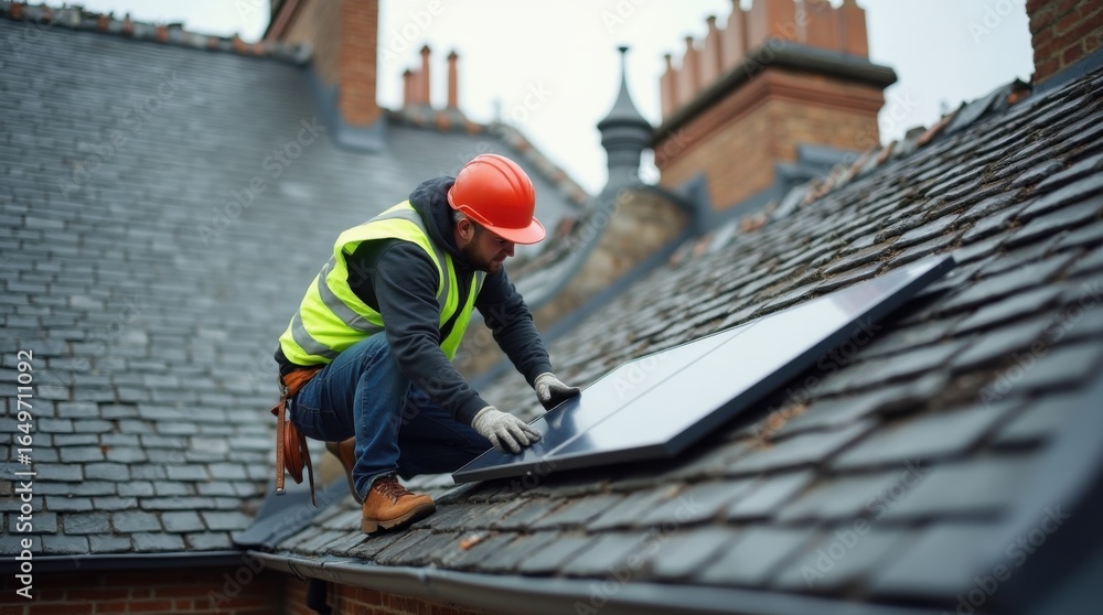 A technician in safety gear aligns solar panels on a slate roof of a historic brick building with ornate cornices, careful preservation and green energy upgrade
A technician in safety gear aligns solar panels on a slate roof of a historic brick building with ornate cornices, careful preservation and green energy upgrade