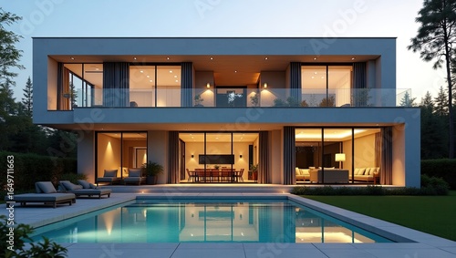 Modern house with pool at twilight.