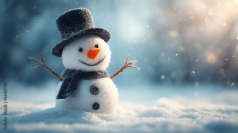 Delightful Snowman with Carrot Nose and Stylish Black Top Hat Spreading Joy in a Snowy Holiday Setting Delightful Snowman with Carrot Nose and Stylish Black Top Hat Spreading Joy in a Snowy Holiday Setting