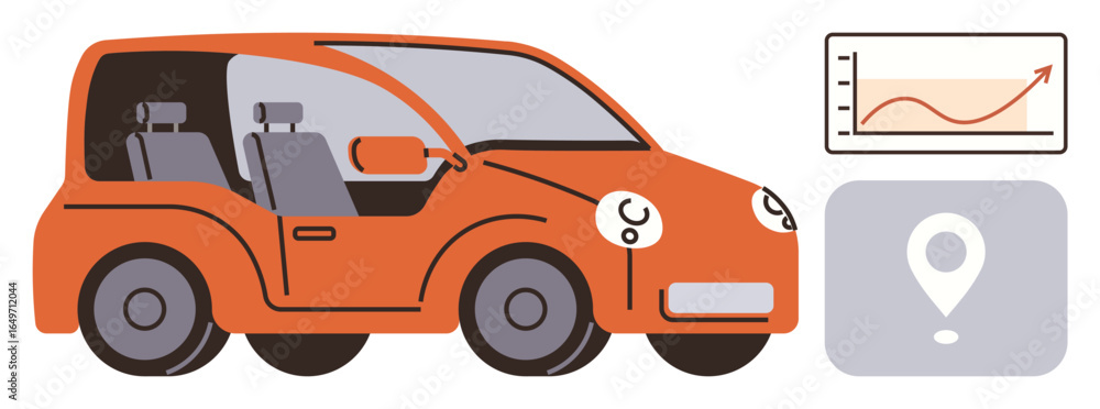 Fototapeta premium Orange electric car with open design, a location marker, and performance graph showcasing progress and mobility. Ideal for technology, innovation, green energy, travel, GPS, data analysis