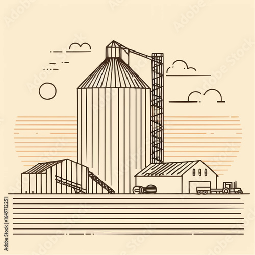 Minimalist agricultural silo and barn landscape in warm tones
