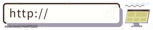 Browser search bar starting with http alongside a desktop monitor showing a webpage structure. Ideal for web development, digital tools, online search, internet, SEO, web design, simple flat metaphor