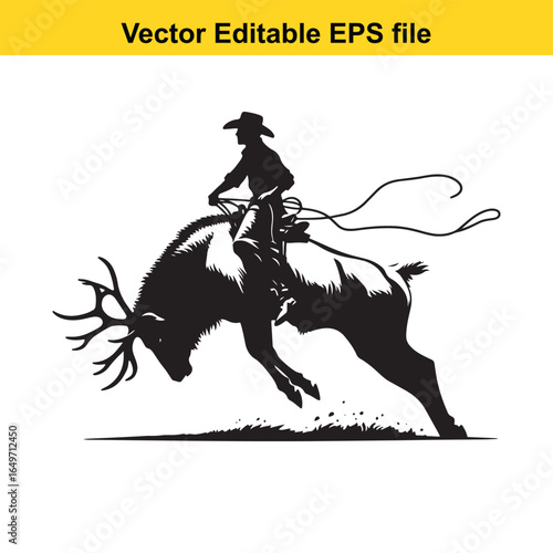 Cowboy riding a bucking elk isolated on white background