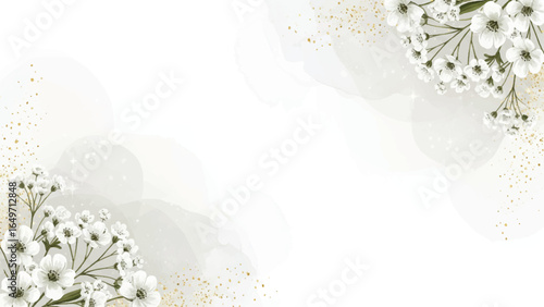 Watercolor floral background template with gold glitter, Elegant white flower vector illustration for wedding cards, Minimalist floral frame design for event invitations