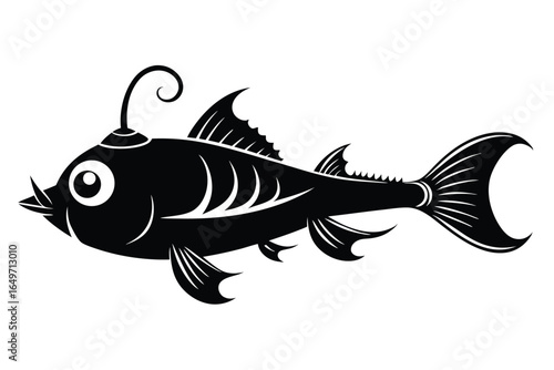 Graphic Illustration Anglerfish with Bioluminescent Lure, Fins, and Distinctive Tail in Black and White