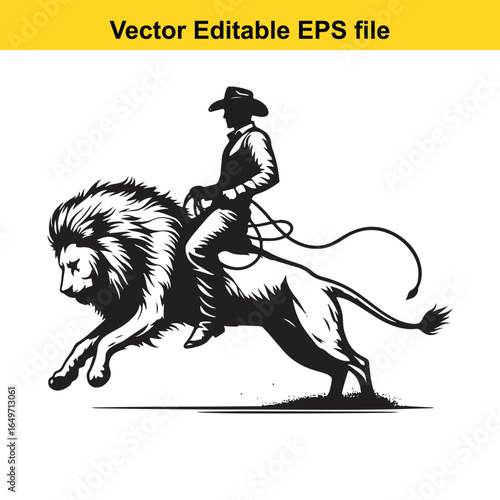 Cowboy riding a lion silhouette, rodeo action, isolated on white background