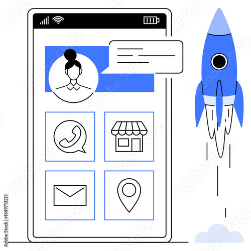 Smartphone screen with user profile, messaging alert, app icons for call, shop, email, navigation, and blue rocket. Ideal for tech growth, innovation app design communication navigation startups