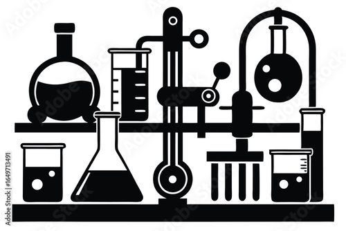 Black Silhouette Depiction of Laboratory Glassware with Flasks, Beakers, and Lab Equipment