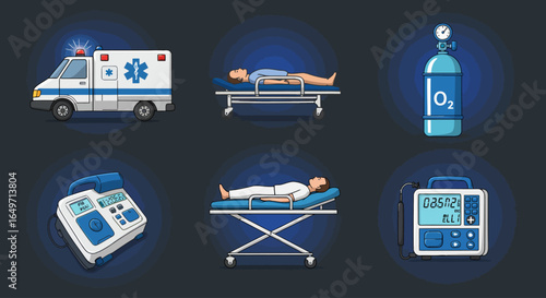 Medical illustration showing ambulance, patient on gurney, oxygen tank, defibrillator, and ventilator.