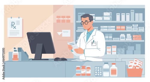 A pharmacist reviews a prescription behind the counter in a well-stocked pharmacy.