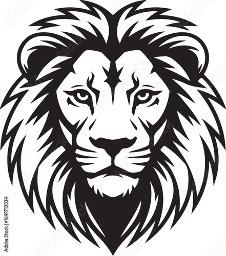 Black and white illustration of a fierce lion head in a front facing view vector