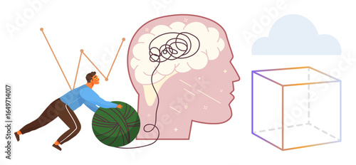 Person pulling yarn to untangle a brain knot, symbolizing problem-solving, mindfulness, and creativity. Ideal for mental health, innovation, focus, brainstorming clarity productivity themes. Simple
