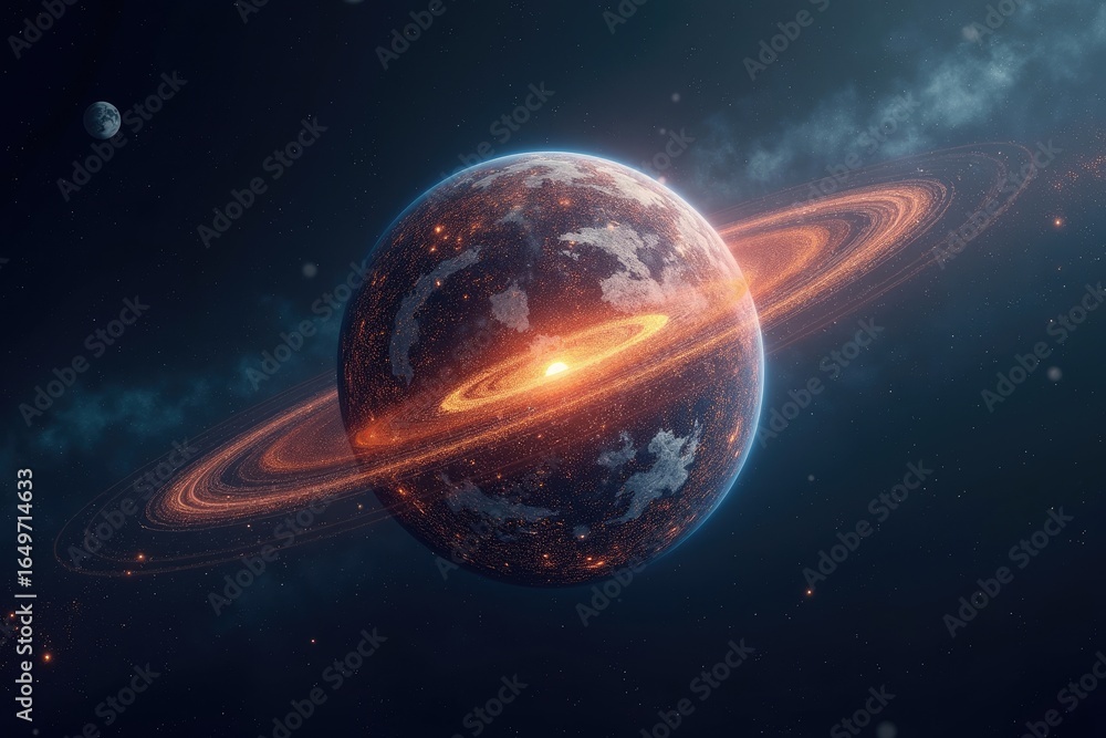 Obraz premium A planet with a fiery ring system in deep space.