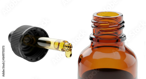 Closeup View of Oil Dropper Bottle with Pipette Showing Droplet of Liquid Extracting from Amber Container for Essential Oils and Natural Remedies
