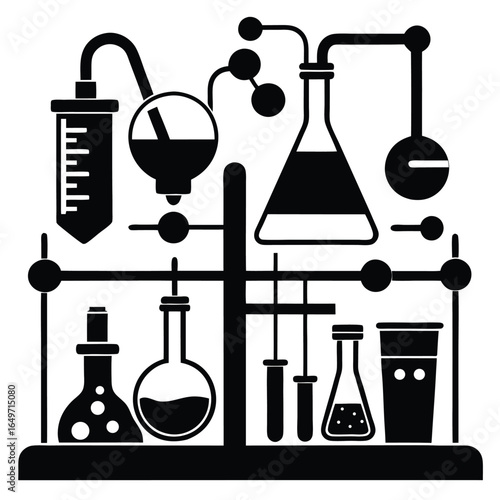 Black and White Chemistry Lab Setup with Beakers, Flasks, and Test Tubes