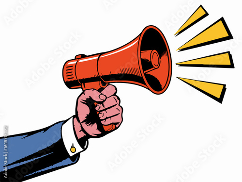 Vector art of a hand holding a red megaphone to make an announcement, isolated on white background, to communicate a message to the public and gain attention isolated on transparent background