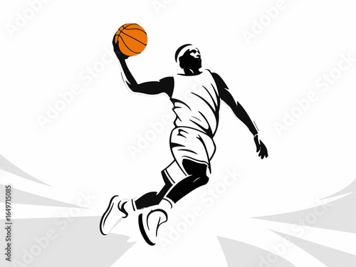 Vector art of basketball player in midair slam dunk isolated on white background, capturing the energy and excitement of the game, ideal for sports designs isolated on transparent background