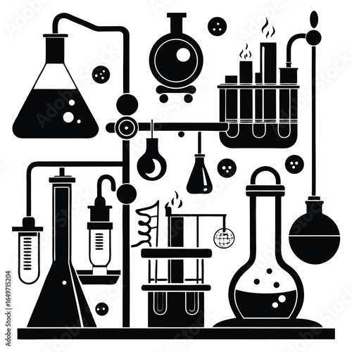 Black and White Laboratory Apparatus Flasks, Test Tubes, and Scientific Equipment Illustration