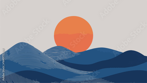 Vector art of minimalist landscape illustration with mountains and sun isolated on white background, ideal for serene nature and travelthemed designs isolated on transparent background