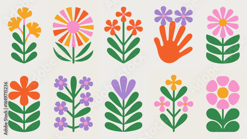 Vector art of colorful floral collection with retro style, perfect for adding a touch of vintage charm to your designs and bringing a vibrant, artistic flair isolated on transparent background