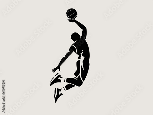 Vector art of a dynamic silhouette of a basketball player in midair, executing a slam dunk, showcasing the athleticism and energy of the sport isolated on transparent background