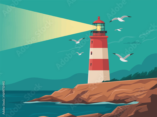 Vector art of a picturesque lighthouse on a rocky coast, guiding ships with its beacon, surrounded by seagulls, perfect for travel and maritime themes isolated on transparent background