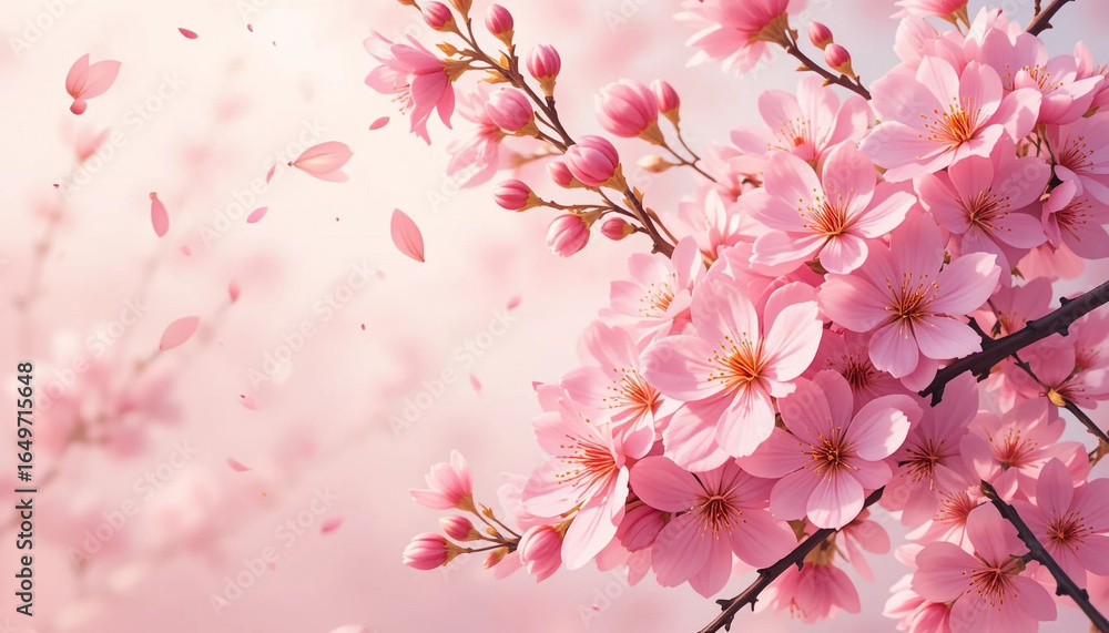 Fototapeta premium Vibrant Cherry Blossom Illustration with Delicate Pink Petals and Green Stems on Soft Background