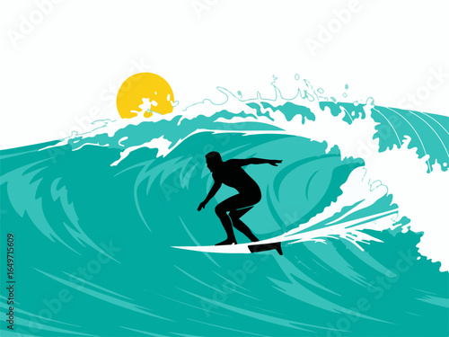 Vector art of silhouette of a surfer riding a wave at sunset, capturing the essence of summer and the thrill of extreme sports isolated on white background isolated on transparent background
