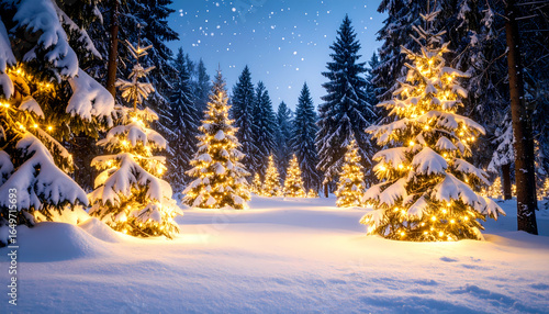 Snow covered trees with christmas lights