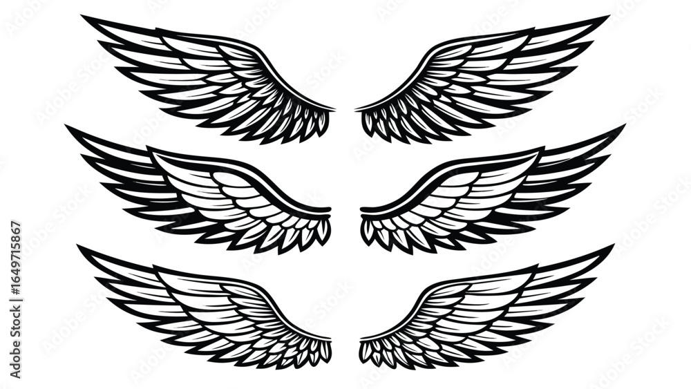 Obraz premium Three Vintage Style Black and White Wing Designs; Bold, Graphic, and Symbolic Illustrations for Logos, Tattoos, and Apparel.