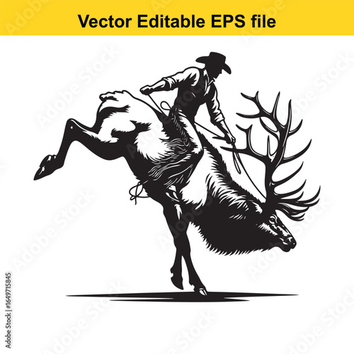 Cowboy riding a bucking elk isolated on white background