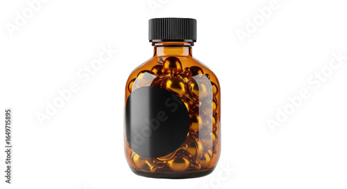 Brown glass bottle filled with round capsules showcasing a black label, ideal for health supplements or pharmaceutical products in a clear view
