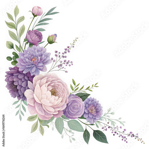 watercolor floral corner with soft purple and blush blossoms, leafy greenery and delicate sprigs for invitations, transparent background