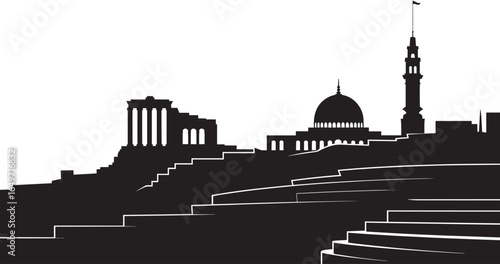 Fotografía Amman Jordan Skyline Silhouette Vector Illustration with Ancient Ruins and Moder