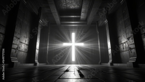 Dramatic Christian Cross in Dark Temple Interior - Symbolic Light and Hope