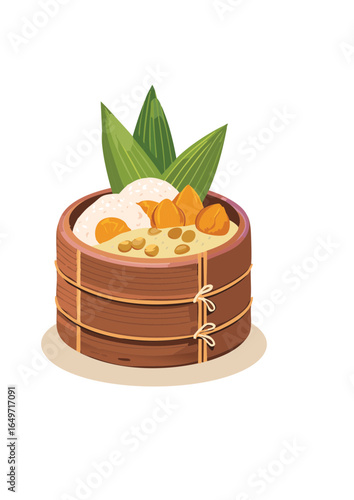 Wallpaper Mural Illustrated Asian Steamed Food in Bamboo Steamer Basket with Green Leaves and Toppings Torontodigital.ca