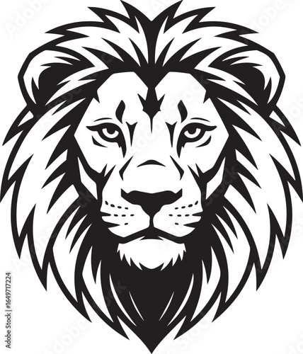 Black and white graphic illustration of a male lion's head facing forward face mane