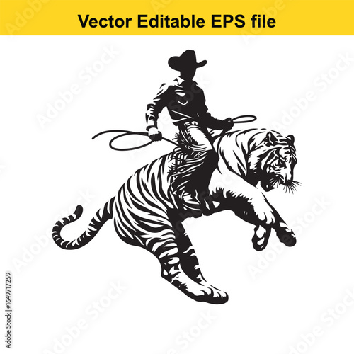 Cowboy riding a tiger, isolated on white background