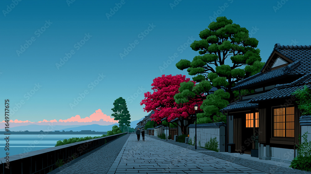 Obraz premium Detailed Japanese Printmaking Urban Scene Combining Historic and Modern Elements, Featuring Stylized Shadows, Flat Color Layers, and Intricate Architectural Linework in Ukiyo-e Aesthetic