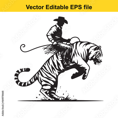Cowboy riding a tiger jumping isolated on white background