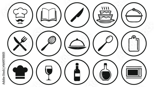 Simple Black and White Culinary Icons:  Chef Hat, Cookbook, Utensils, and Microwave Graphics for Restaurant Menu or Website Design.