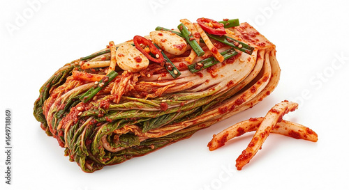 A fresh portion of traditional Korean kimchi made from napa cabbage, seasoned with red chili, garlic, and scallions, isolated on a white background.
